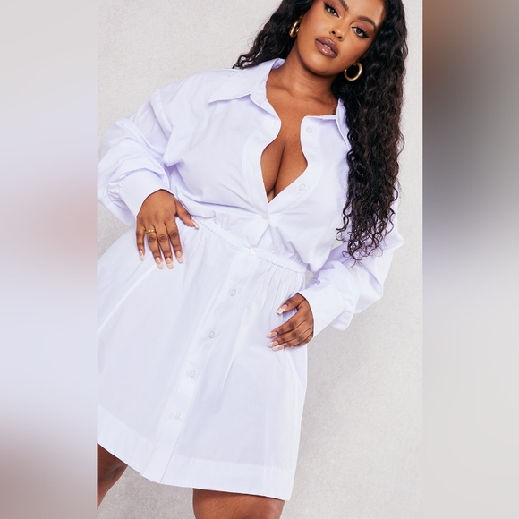 NWT PRETTY LITTLE THINGPlus White Ruched Waist Button Up Shirt Dress - Picture 3 of 10